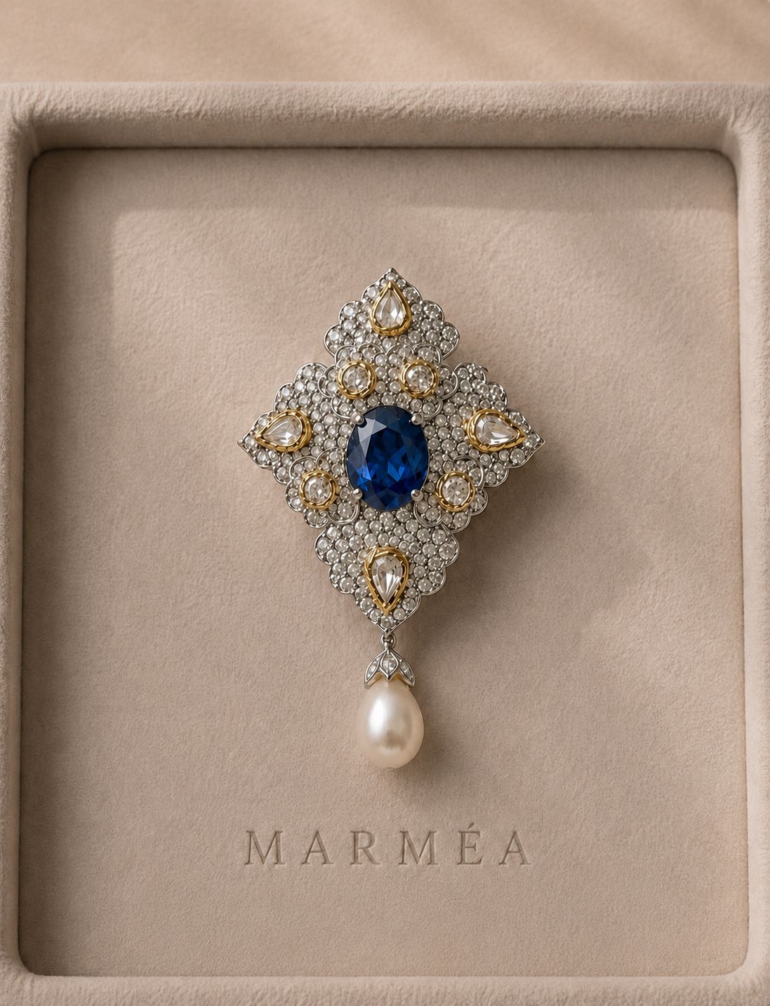 Kashmir Sapphire Brooch — pear rose-cut diamonds and a luminous drop pearl